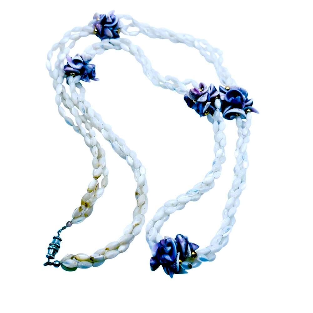 White Rice Pearl Necklace Twisted 3 Strands with Purple Shell Flowers 31”